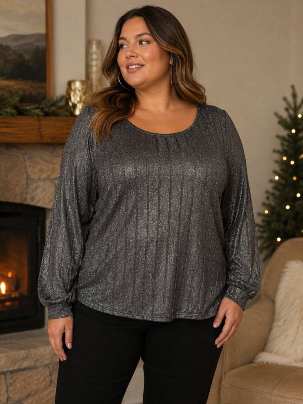 Lane Bryant 22/24 Metallic Rib Knit Shimmer Top Gray Silver Plus Size